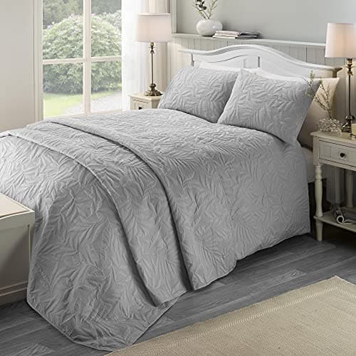 Image of Serene - Silver Leaf Embossed Duvet Cover - Single Bedding Size (140 x 200cm) - Soft Touch - Leaf/Leaves Embroidery Duvet Cover in Silver - Luxury Bedding Set - Luana Collection