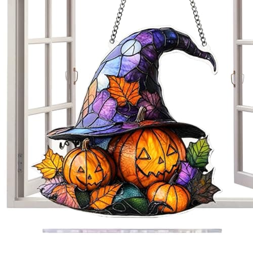 Image of Acrylic Witch Hat Sun Catcher for Window | Fire Glass Wall Decoration Ornament for Halloween Party Decoration,2D Festive Seasonal Decoration For Living Room Bedroom Wall Theme Parties