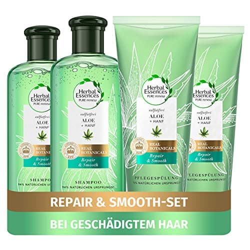 Image of Herbal Essences Pure: Renew Hair Care Set: 2 x Repair & Smooth, Sulphate-free Shampoo 225 ml + 2 x Conditioner 180 ml, with Aloe Vera + Hemp, Women's Shampoo, No Silicone, Cruelty Free