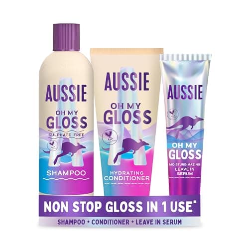 Image of Aussie Oh My Gloss Shampoo & Conditioner Set + Leave in Serum Hair Treatment (300/200/160ml). Moisture & Shine Booster for Dull Hair, with Jojoba, Safflower & Macadamia Nut Oils. Vegan, Cruelty-Free