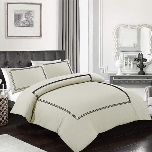 Image of My home store Embroidered Duvet Cover Hotel Quality 200TC Bedding Set Soft Breathable 100% Poly Cotton Quilt Cover with Pillowcases (Bratta Stitch Cream/Black, King)