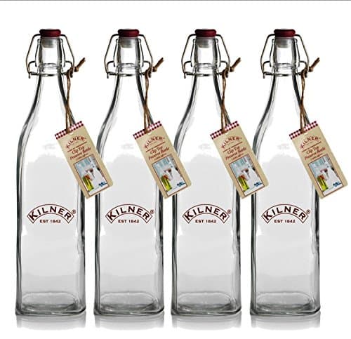 Image of 4 x Kilner Bottles - Square Vintage 1 Litre Preserve Glass Bottles with Clip Tops - Ideal for Milk, juices, cordials, Infused Oils, Sloe Gin - Gift Idea