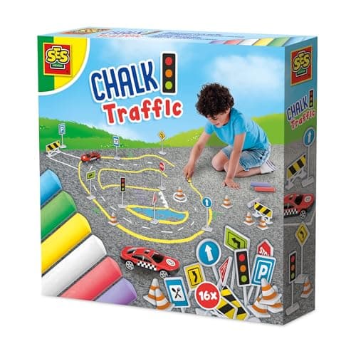 Image of SES Creative Playground Chalk Set, Create Roads on Pavements and Playgrounds for Cars, Chalk Board Drawing, Bright, Non Toxic Washable Chunky Pieces with Transport Accessories
