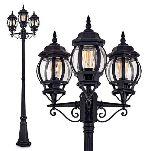 Image of hofstein Outdoor lamp Kobe, Candelabra in Antique Look, cast Aluminium in Black with Plastic Discs, 3-arm Path Light 230 cm, Retro/Vintage Garden lamp, E27 Socket, IP44, Without Bulb
