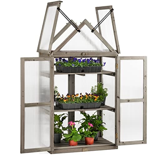 Image of Christow Wooden Greenhouse Garden Cold Frame Lean To Grow House Polycarbonate Windows (H130cm x W70cm x D40cm) (Grey Finish)