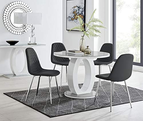 Image of Furniturebox UK Giovani Modern Grey/White High Gloss And Glass 100cm Round Dining Table And 4 Stylish Corona Silver Contemporary Chairs Set (Dining Table + 4 Black Corona Silver Chairs)