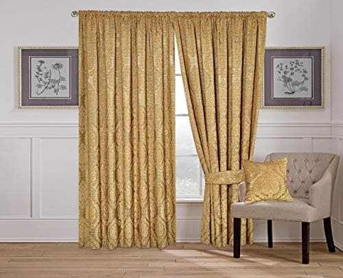 Image of Luxury Heavy Jacquard Pencil Pleat Curtains Fully Lined + Matching Tiebacks Gold 66 x 54