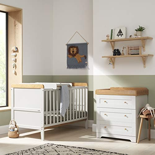 Image of Tutti Bambini Rio Nursery Furniture Set (2 Piece) | Convertible Baby Cot Bed & Chest of Drawers Baby Changing Unit | Solid Wood Bedroom Furniture | Dove Grey/Oak