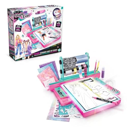Image of Style 4 Ever Fashion Designer Light Up Studio, Design Dream Outfits from Scratch, LED Drawing Pad, DIY Fashion Design Kit for Kids 6+ | Real Fabrics, Stickers & Gems Included