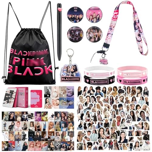 Image of yumcute Kpop Fan Gift Set Bundle with Drawstring Backpack, Keychains, Silicone Bracelets, Phone Stands, Stickers, Lanyard, Badges, Collectible Card Box and Pen