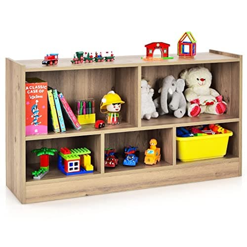 Image of GYMAX Kids Storage Shelf Unit, 5-Cubby Wooden Children Bookcase, Toy Storage Organizer for Playroom Bedroom (Natural)