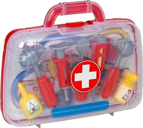 Image of PETERKIN | Classic Doctor's Medical Carry Case Toy | 11 piece, brightly coloured, plastic doctor's set in a sturdy 30cm carry case | Roleplay Toys | Ages 3+, Red
