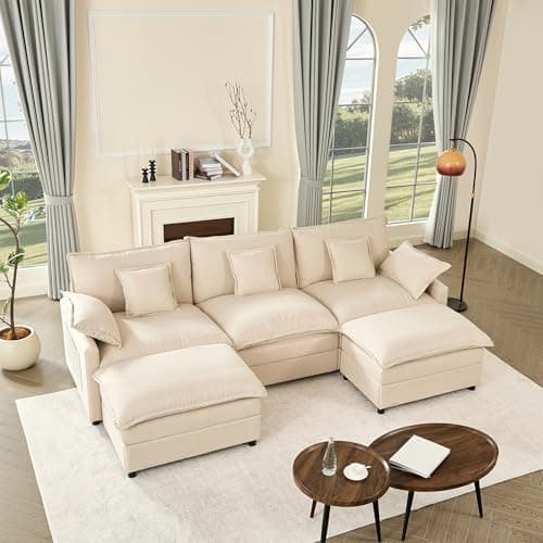 Image of Litbird 274 cm U-Shaped Modular Sofa, 3-Seater Sectional Couch, Set of Cloud Couch with Movable Ottoman Footstool, Deep Seat Sofa for Living Room,Beige