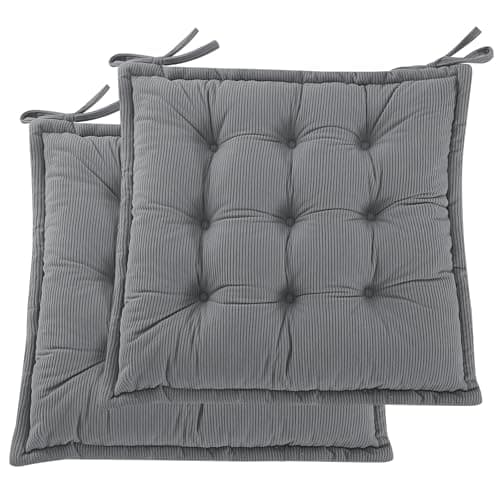 Image of PRIMEPATIO Corduroy Chair Cushions Set of 2, 40x40cm Dining Seat Pads with Ties, 7CM Thick Shredded Foam Seat Pads for Kitchen, Garden Patio Chairs, Soft Tufted Cushion Indoor Outdoor, Light Gray