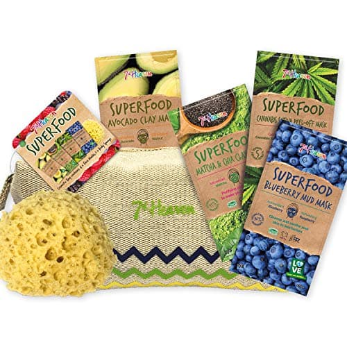 Image of 7th Heaven Superfood Skincare Gift Set –Includes 4 Cleansing & Revitalising Face Masks, Linen Cosmetic Bag & Body Sponge, Vegan Natural Skincare Glowing, Nourished Skin–Perfect Gift for All Skin Types