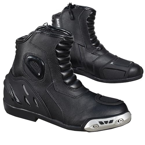 Image of Savitar Short Ankle Leather Motorbike boots for men Motorcycle boots Protective Shoes for Riders (Black, 9, UK Footwear Size System, Adult, Men, Numeric, Medium, 9)