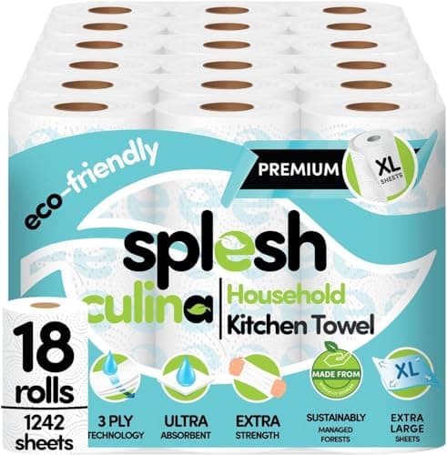 Image of Splesh Culina Kitchen Towel - 18 XL Rolls (1242 Sheets) 3 Ply Ultra Absorbent & Extra Strong, Large Eco-Friendly Household Kitchen Rolls - 69 Super Sized Triple Layered Sheets Per Roll