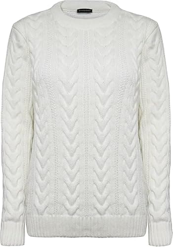 Image of Pretty Attitude New Women Ladies Crew Neck Knitted Cable Long Sleeve Warm Chunky Sweater Formal Everyday Casual Knitwear Jumper Tops Pullover (UK, Alpha, S, M, Regular, Regular, Cream)