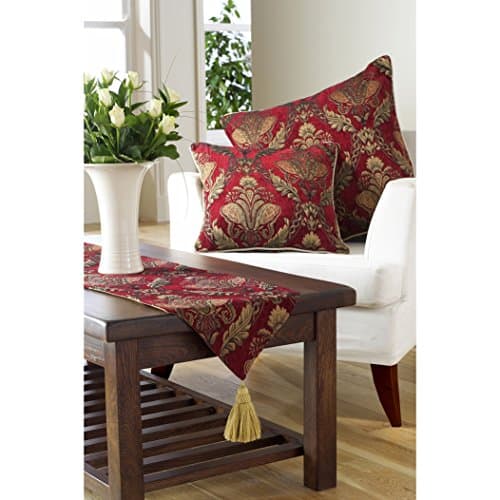 Image of Shiraz Table Runner - Burgundy Red and Gold - Embroidered Damask Jacquard - Non Slip Lining - Tasselled - 100% Polyester - 33 x 230cm (13" x 91" inches) - Made by Riva Paoletti - Designed in the UK