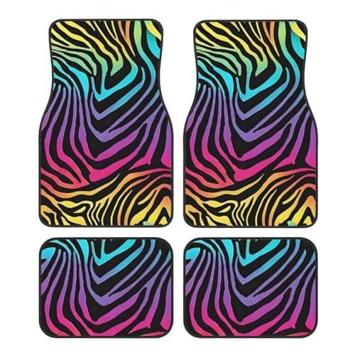 Image of Front Rear Automotive Floor Mats Colorful Rainbow Zebra Car Foot Mat Set Of 4 Pieces,Waterproof Foot Mat Four-Piece Set,Anti-Slip Easy To Clean Universal Car Mats,For Suv,Sedans,Truck
