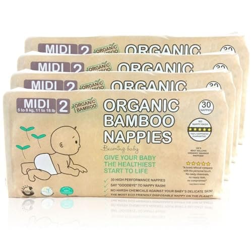 Image of Beaming Baby Organic Bamboo Nappies - Size 2 (5-8 kg / 11-18 lbs), 4 X 30 Nappies (120 Total) | Monthly Pack, Ultra Soft Nappies for Sensitive Skin | Give Your Baby The Healthiest Start to Life