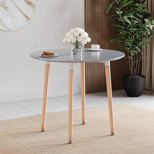 Image of Vida Designs Batley Round Dining Table, Modern Round Kitchen Table with Natural Beech Wood Legs, Compact Dining table for Small Kitchen & Dining Room Furniture (Grey, 4 Seater)