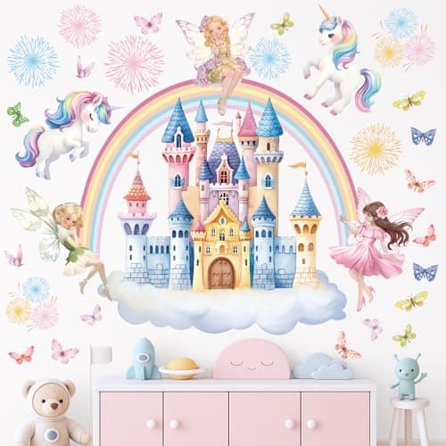 Image of Peelora Fairy Castle Princess Wall Stickers Butterfly Girl Unicorn Rainbow Wall Decals Girls Bedroom Baby Nursery Kids Room Reusable Self-Adhesive Wall Decor Stickers