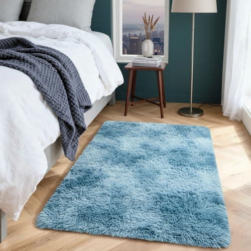 Image of Aspire Homeware Rugs Living Room Small 50cm x 80 cm – Tie-Dye Teal Area Rugs for Bedroom Anti Slip - Modern Super Soft Plush Floor Carpets for Lounge – Fluffy Shaggy Bedside Rug for Kids Room