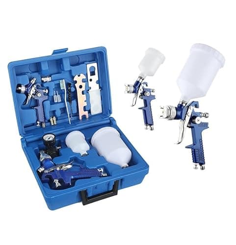 Image of 2 Pcs/Set HVLP Paint Sprayer Set, 0.8MM & 1.4MM Nozzle Professional Air Gravity Feed Spray Gun Kit with 125ML & 600ML Cup Paint Tool for Car Furniture Painting Handheld Sprayer (Blue)