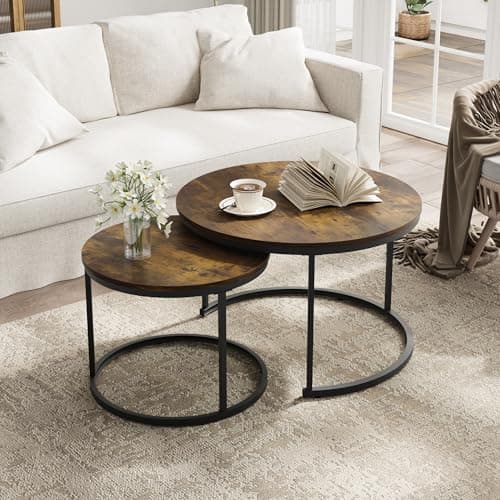 Image of Smuxee Rustic Nesting Coffee Table Set of 2, 27.6" Round Coffee Table Wooden Marble Pattern with Adjustable Non-Slip Feet, Industrial End Table for Living Room Bedroom Balcony
