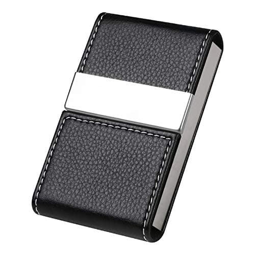 Image of flintronic Business Card Holder | PU Leather Credit Card Holder, Slim Stainless Steel ID Case for Men/Women | Double Open Magnetic Buckle Keep Your Business Name Cards Clean (Black)
