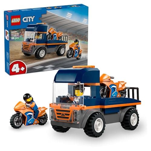 Image of LEGO City Motorcycle Transporter - Fine Motor Skills Toy w/Flatbed Truck, 2 Motorbikes, 2 Minifigures, Ramp & Accessories - Birthday Gift for 4+ Year Old Boys - 60491