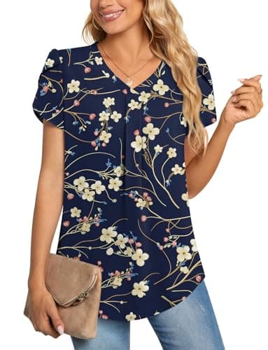 Image of Aodemo Women Summer Dressy Chiffon Blouse Petal Short Sleeve V Neck Tunic Tops Office Casual T-Shirt XL, Navy Blue Winter Fl