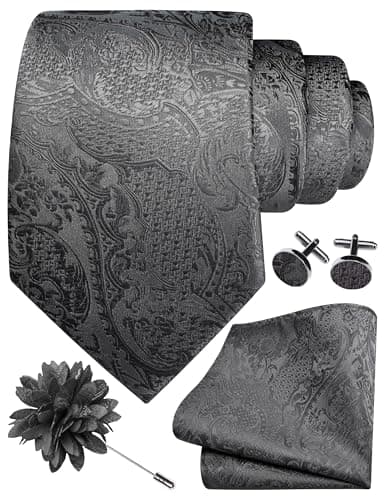 Image of Gusleson Dark Grey Tie Set for Men Silk Paisley Necktie Pocket Square Cufflinks and Lapel Pin Brooch Set for Wedding (UK6114-06)