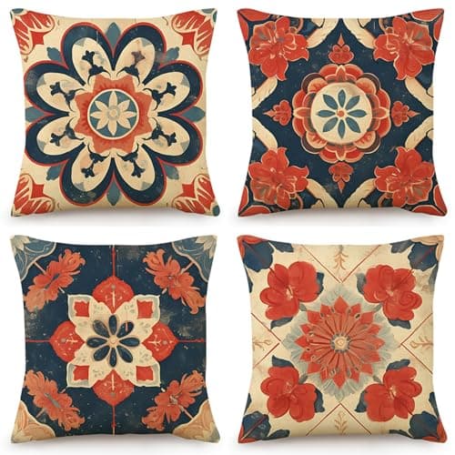 Image of OYIMUA Boho Abstract Floral Cushion Covers 50cm x 50cm Red and Navy Blue Outdoor Cushions 20x20 Inches Decorative Linen Pillow Covers for Garden Furniture Sofa