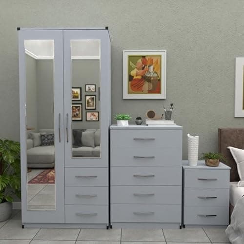 Image of Ready 3-Piece Bedroom Furniture Set, 2-Door Mirrored Wardrobe with Drawers, 5-Drawer Chest, 3-Drawer Bedside Table (Silver)