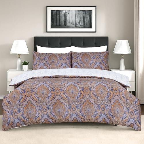 Image of Dreamology 100% Cotton Sateen Duvet Cover Luxury Hotel Quality Bedding Set T300 Duvet Covers with 2 Pillow Shams Breathable Hypoallergenic Button Closure 3 Pieces Duvet Set (Damask, King)