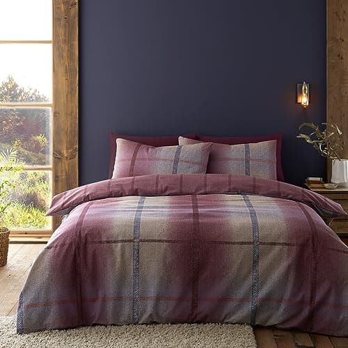 Image of Catherine Lansfield Brushed Cotton Melrose Tweed Check Reversible Double Duvet Cover Set with Pillowcases Plum