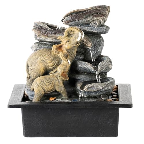 Image of LEOM Indoor Water Fountain With LED Lights, Elephant Statue with Zen Waterfall Features, Tabletop Water Fountains for Relaxation Zen, Desktop Water Fountain for Home & Office Decoration