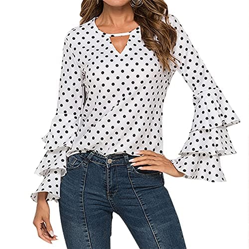 Image of Womens Autumn and winter Loose Blouse Long Sleeve Crew Neck Casual Leisure Tops Tshirts Black spot print flared sleeve top Regular Fit Slim fit shirts Pullover Sweater Fashion Sweatshirt