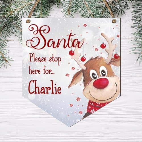 Image of Santa Please Stop Here' Hanging Plaque - Delightful Blue Santa Design, Custom Name Included - Handcrafted Wooden Christmas Decoration (Grey Reindeer Design)