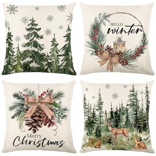Image of Christmas Cushion Covers Set Of 4, Green Cushion Covers Vintage Christmas Decorations Indoor, 45 x 45cm Xmas Pillow Cases with Xmas Tree Elk Pine Cones Pattern, Xmas Decor for Bedroom Living Room