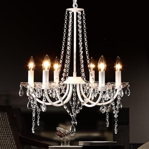 Image of Crystal Chandeliers, 6 Lights Modern Chandeliers Ceiling Light Fitting Elegant Pendant Lights, White Vintage Crystal Ceiling Light for Dining Room, Living Room, Bedroom, Kitchen, Hallway, E14 Socket