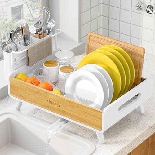 Image of Urackify Dish Drainer Rack for Kitchen Counter – Stainless Steel & Bamboo Dish rack, Dish Drying Rack Kitchen with Large Removable Utensil Holder, Dish Drainer with Auto-Drain Drainboard, White