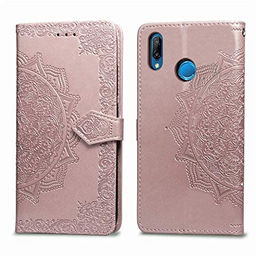 Image of HopMore Leather Case for Huawei P20 lite 2018 Shockproof Leather Case Flip Wallet Case with Card Holder Mandala Design for Girls Women Men Soft Silicone inner Protective Cover - Rose Gold