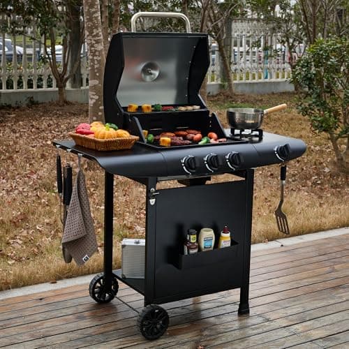 Image of Gas Grill BBQ 3 Burner with Cover, Lid and Side Burner, 48 x 42cm Cooking Surface - Ideal for Outdoor Cooking