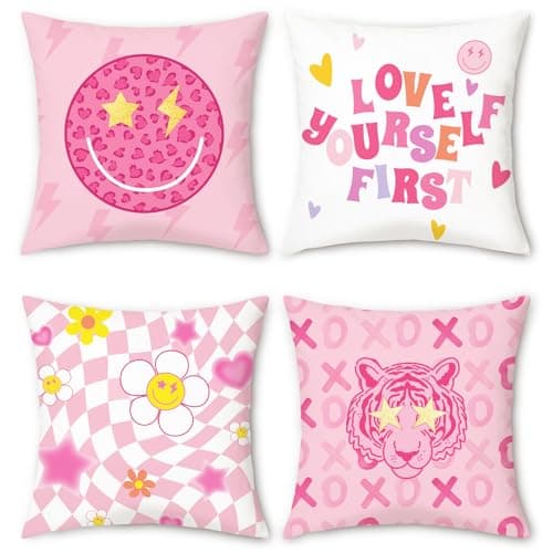 Image of COZZSNUGE Preppy Cushion Covers Pink Cute Smiley Face Tiger Checkered Flower Love Yourself Velvet Decorative Pillowcases for Sofa Bed Home Patio 45 x 45 cm Set of 4