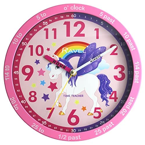 Image of Ravel Children's 25cm Time Teacher Wall Clock - R.KC.10 - Analogue Quartz - Pink Unicorn/Pink Dial