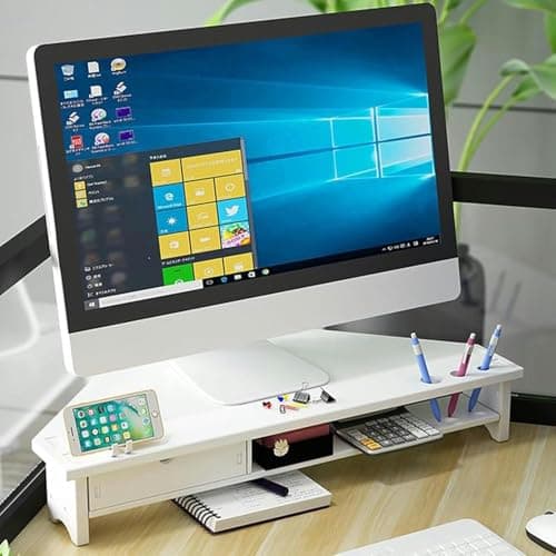 Image of White Corner Monitor Stand Riser with Drawer & Phone Holder, Space-Saving Desktop Corner Shelf for Universal Displays & Printers, Stylish Storage Solution for Home Office