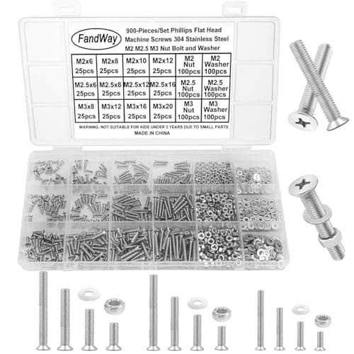 Image of FandWay 900Pcs Bolts and Nuts Set,M2 M2.5 M3 Countersunk Machine Screws,DIN 965 Cross Flat Head Screws,304 Stainless Steel Bolts and Washers Set Phillips Drive Fully Threaded With Storage Box.